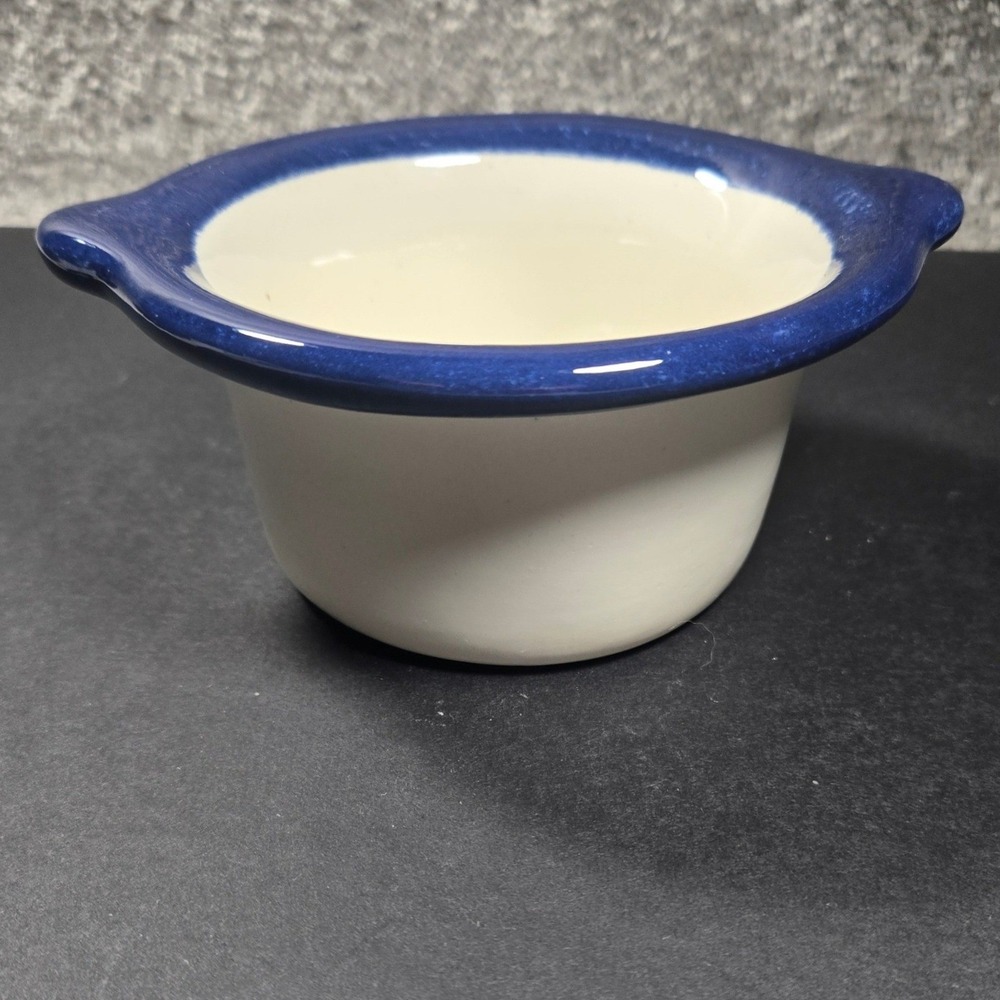 Stoneware Ramekin Cream Cobalt Blue Rim‎ Tab Handles Small Dish